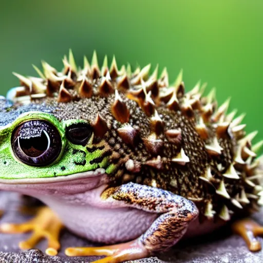 Prompt: a frog covered with hedgehog spikes, 4k photography