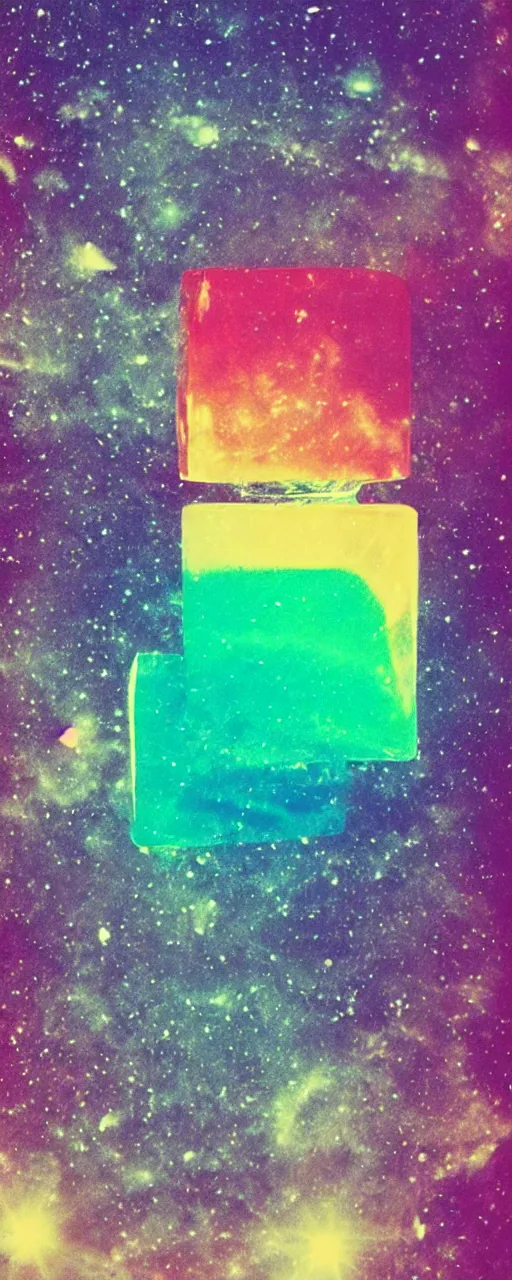 Prompt: a colourful giant ice cube floating in the universe, galaxies and stars in the background, polaroid photo style, retro effect, high details, one ice cube