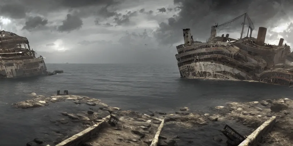 Image similar to sunken cruise ship, dark, thunderstorm unreal engine Hight detailed An epic fantastic realism dinamic lighting