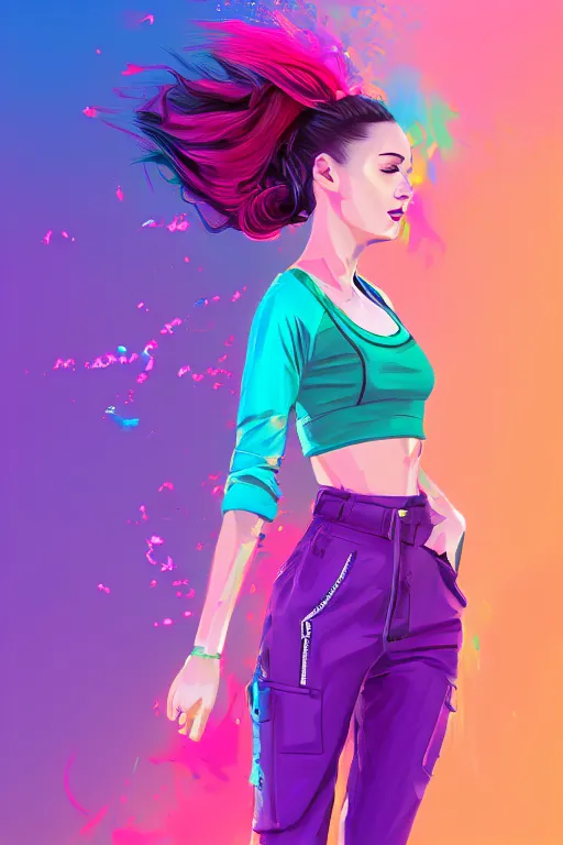 Image similar to a award winning half body porttrait of a beautiful woman in a croptop and cargo pants with ombre purple pink teal hairstyle with head in motion and hair flying, paint splashes, outrun, vaporware, shaded flat illustration, digital art, trending on artstation, highly detailed, fine detail, intricate