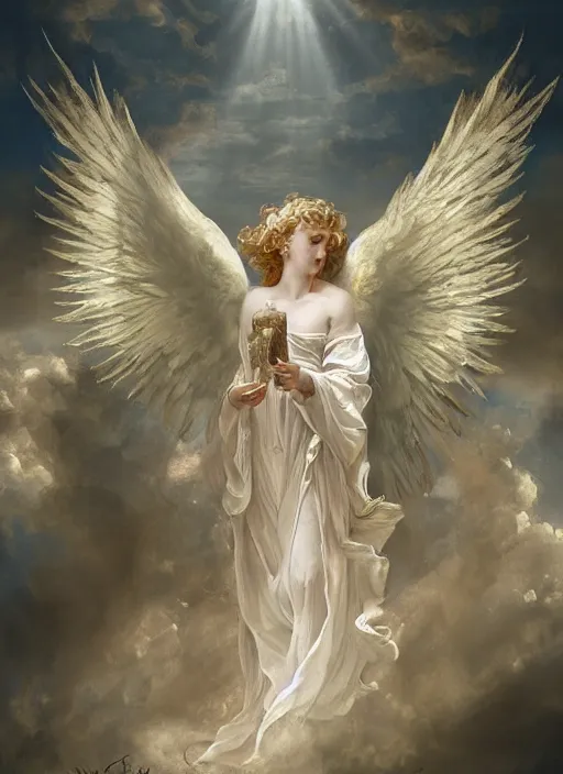 Image similar to angel landed under the gates of heaven, rococo style, magic, holy light, tyndall effect, high definition, lots of details, by wlop