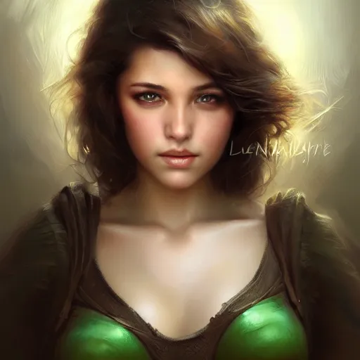 Prompt: beautiful young woman, green eyes, short brown hair, digital painting, extremely detailed, 4k, intricate, brush strokes, Mark Arian, Artgerm, Bastien Lecouffe-Deharme