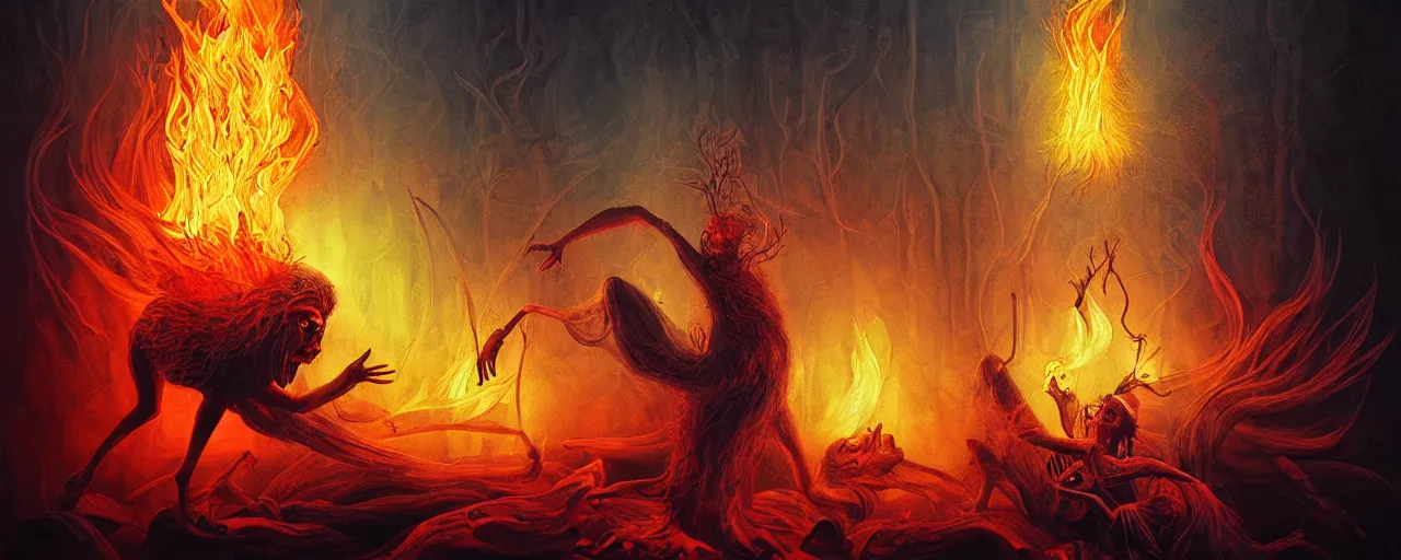 Prompt: wild emotion and thought creatures repressed in the depths unconscious of the psyche lead by baba yaga, about to rip through and escape in a extraordinary revolution, dramatic fire glow lighting, surreal painting by ronny khalil