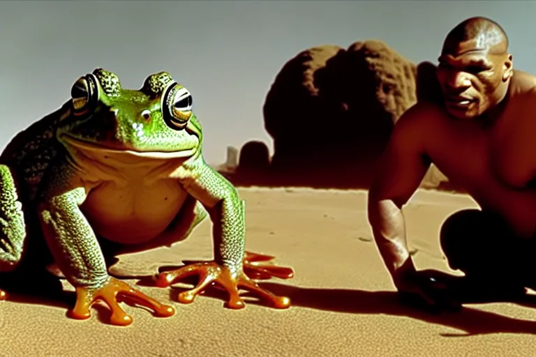 Prompt: a giant frog sitting with mike tyson in the desert, mike tyson with a toad, movie directed by martin scorsese and christopher nolan, masterpiece, 8 h