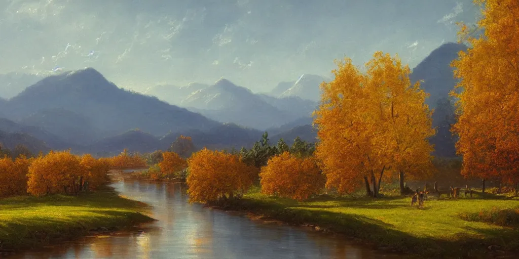 Image similar to A painting of winery in autumn, with a river winding through them. In the distance, there are mountains. by bob ross, Albert Bierstadt, immaculate scale, hyper-realistic, trending on Artstation, 8k, detailed, atmospheric, immaculate