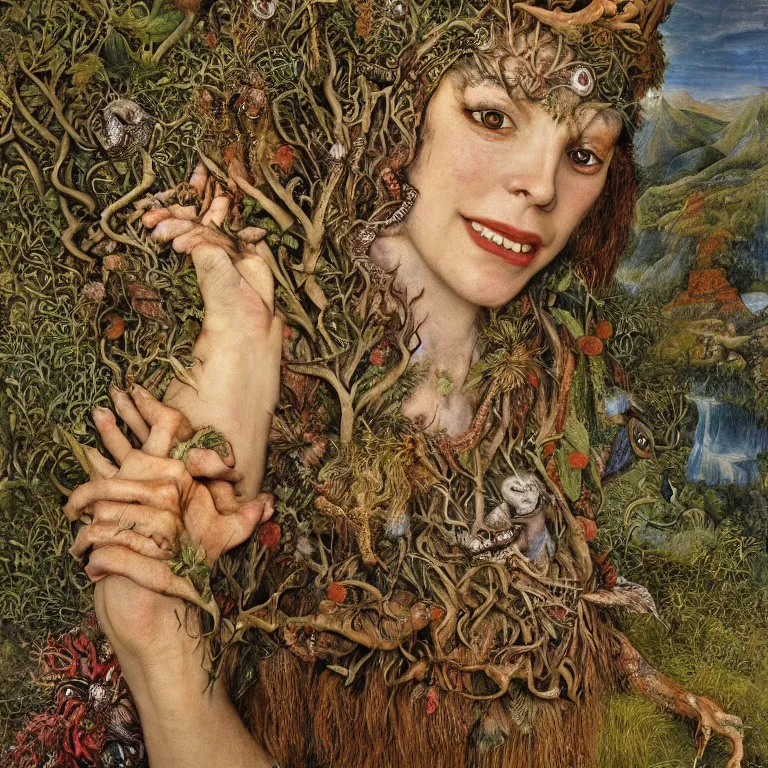 Prompt: a grinning druid dryad with goat pupils transforming herself into a mad beast. her skin is covered in scales and feathers. landscape with mountains, river and night sky. painted by jan van eyck, max ernst and ernst haeckel, trending on artstation, 8 k, award winning, hard lighting, fashion editorial, mythology