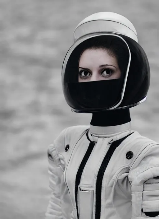 Prompt: photograph portrait of a very pretty!!! woman! symmetric face, petzval lens. out of focus, in a black astronaut costume. futuristic helmet with neck protection, space station. by alesio albi and george lucas and stanley kubrick