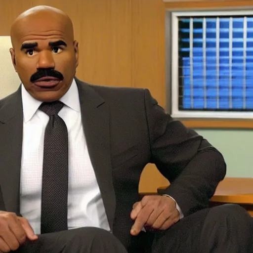 Image similar to a screen still of steve harvey playing dwight in the office