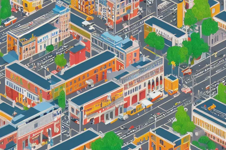 Image similar to highly detailed isometric illustration of a city scape by Wes Anderson, hyperrealistic, photorealistic, artstyle, highly detailed, sharp