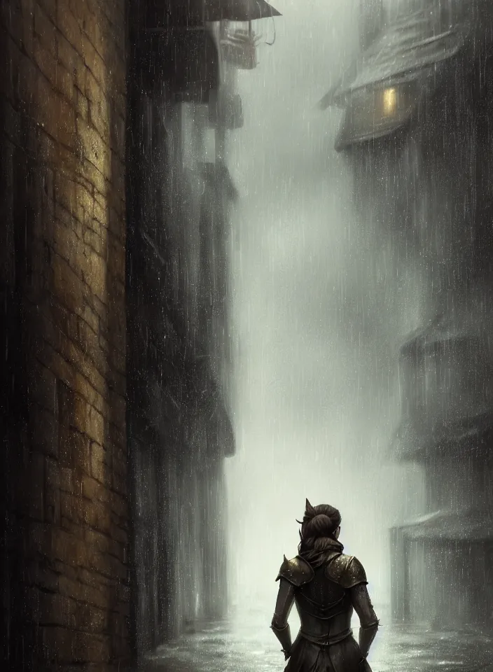 Image similar to a closeup portrait of an young woman from skyrim standing in an alleyway whilst raining, fantasy setting, city environment, serene colors, soft lighting, atmospheric, cinematic, moody, in the style of diego koi, gina heyer, luiz escanuela, art by alyssa monk, depth, hyperrealism, rule of thirds, golden ratio, oil on canvas, 8 k