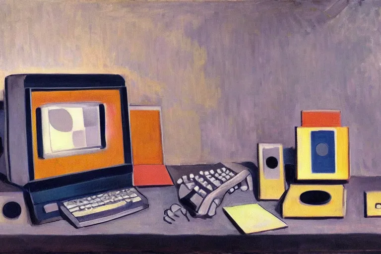 Image similar to still life painting of vintage computers by Henri Matisse, oil on canvas, strong lighting, highly detailed, hyper realism, HD, 4K