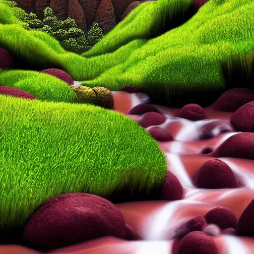 Image similar to chocolate river, flowing off a candy Mountain into a chocolate ocean, lush with gumdrop trees, high detail, 4k