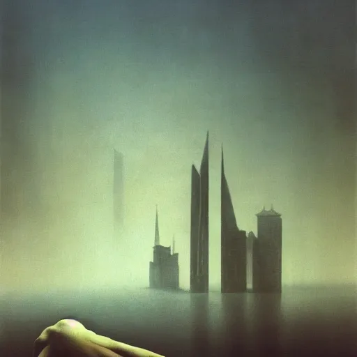 Prompt: arm reaching out of thick fog, tall buildings in background, rounded architecture, sophisticated, zdzislaw beksinski, architecture of frank lloyd wright, zaha hadid, norman foster