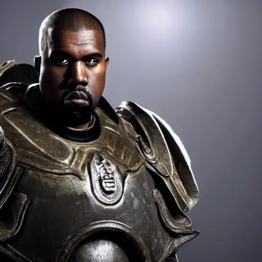 Image similar to Kanye West as the emperor of humanity from warhammer 40k in Gears of War, warzone, battle, splash art, movie still, cinematic lighting, detailed face, face, dramatic, octane render, long lens, shallow depth of field, bokeh, anamorphic lens flare, 8k, hyper detailed, 35mm film grain