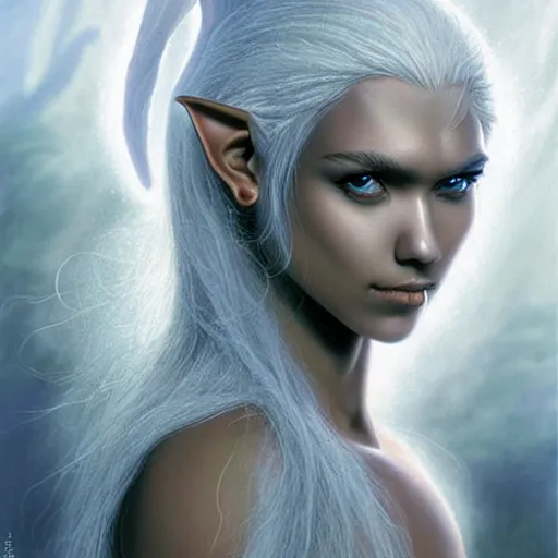 Image similar to head and shoulders portrait of an obsidian - skinned, white - haired drow elf spider wizard portrayed by young jessica alba, in a crystal cavern, d & d, fantasy, luis royo, magali villeneuve, donato giancola, wlop, krenz cushart