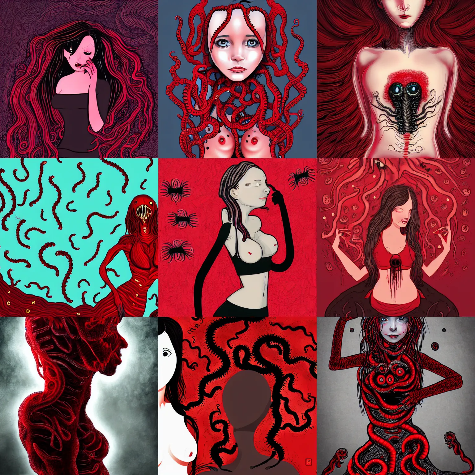 Prompt: beautiful girl with worms coming out of her stomach, lovecraftian horror, red and black color palette, high quality digital art