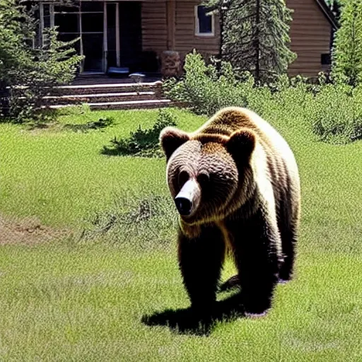 Prompt: A large grizzly bear outside a house, Ring doorbell camera footage