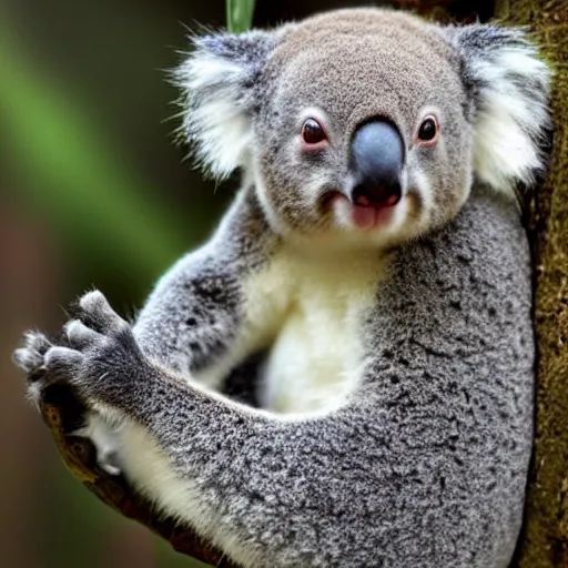 Image similar to award winning nature photograph of a koala. it has a friendly smile. it has whiskers and claws. extreme detail, beard hyperrealistic photo, smooth, trending on artstation