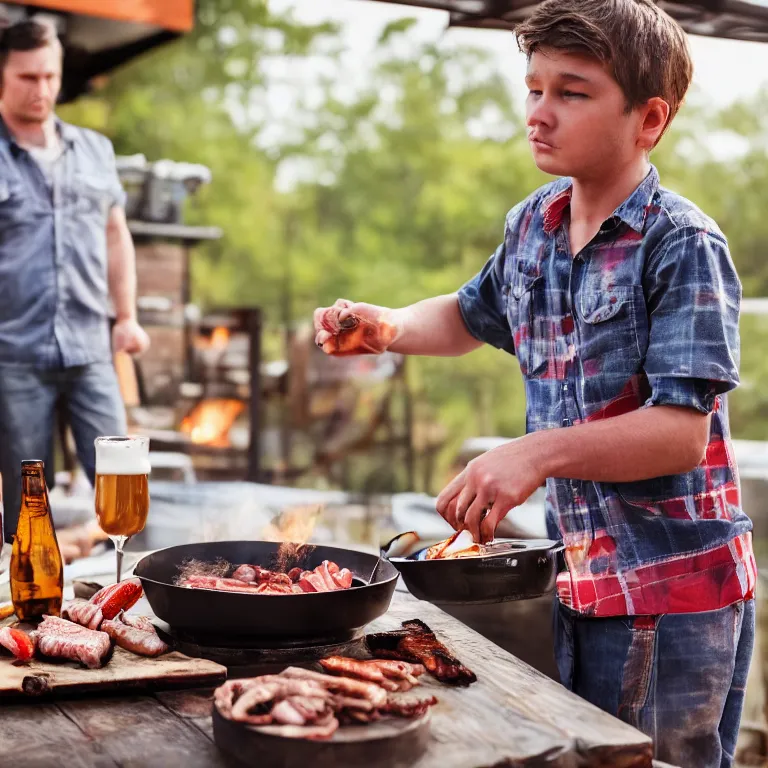 Prompt: Alabama boy cooking barbeque and drinking beer , cinematic lighting, photorealistic image, 8k, ultra detailed, high resolution,