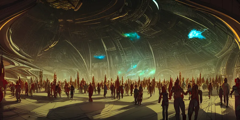 Image similar to cel shaded cinematic shot of the interior of a sci-fi space station with ornate Elven architecture bustling with people, epic castle, emerald, crystalline, detailed illustration, sharp focus, concept art