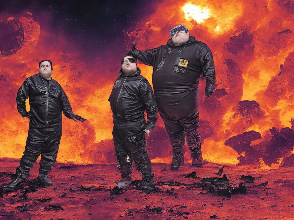 Prompt: portrait of an overweight person with emo haircut, wearing gothy purple and black space spandex suits, standing next to smashed burning spacecraft wreckage, on the orange surface of mars, highly detailed, dramatic lighting, photorealistic, cinematic
