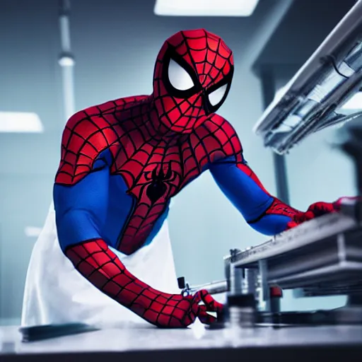 Prompt: medium shot artistic photo of spiderman working as a scientist experimenting in a dark lab, ultra detailed