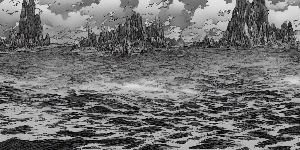 Prompt: illustration of the shore on a beautiful morning, monochrome, manga style, by Kentaro Miura, sharp, dramatic lighting