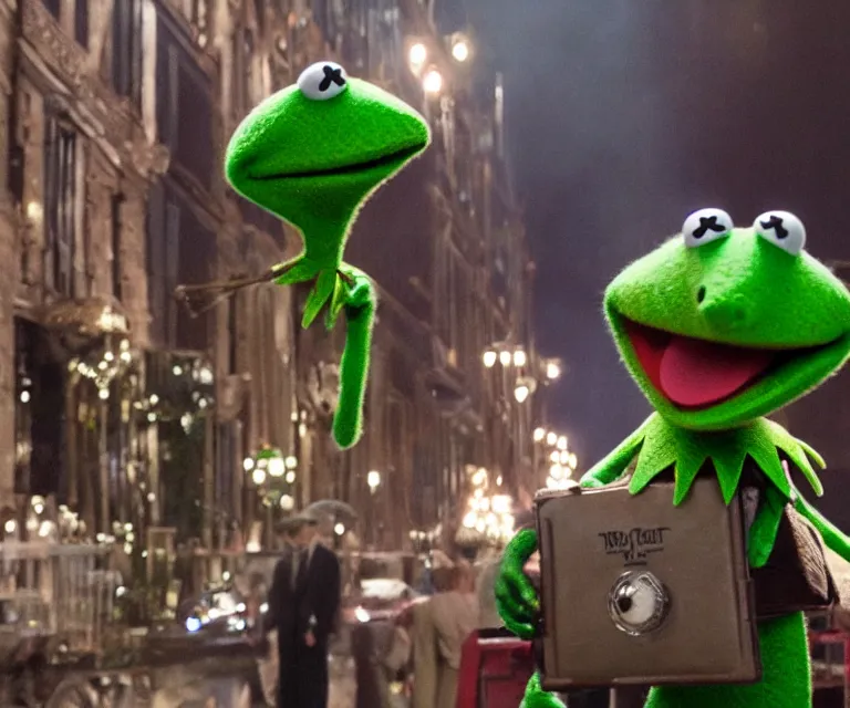 Prompt: kermit the frog in the great gatsby ( 2 0 1 3 ) directed by baz luhrmann, cinematic, colorful, dramatic, eccentric, 4 0 mm f / 2. 8
