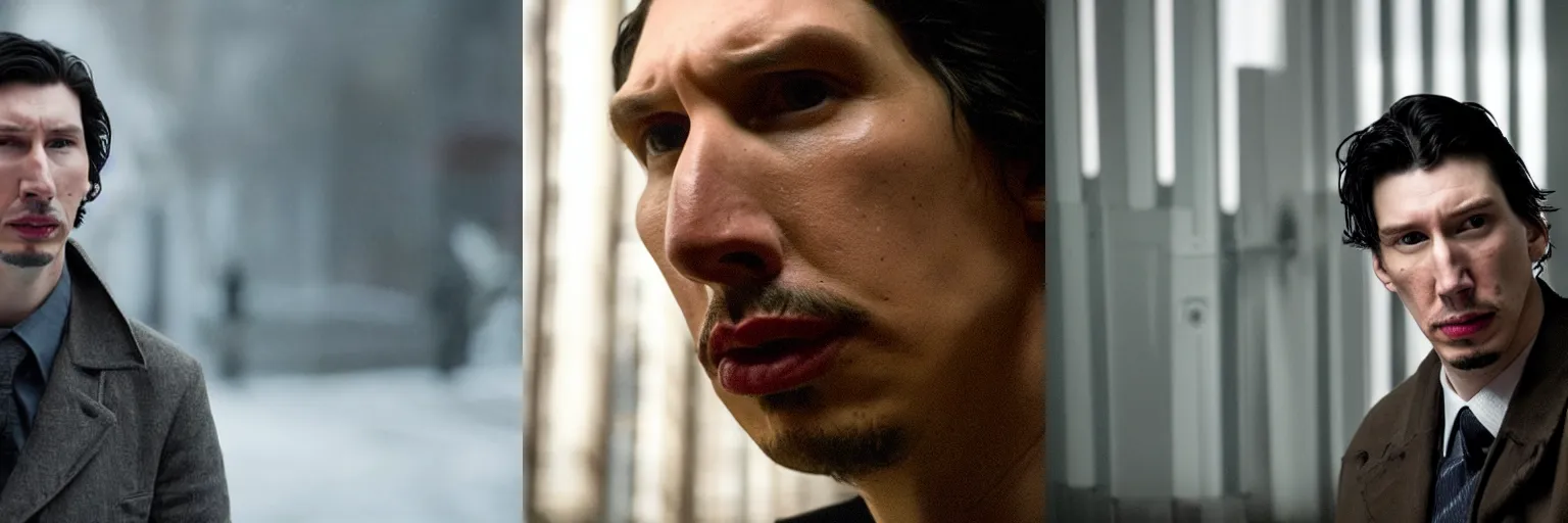 Prompt: close-up of Adam Driver as a detective in a movie directed by Christopher Nolan, movie still frame, promotional image, imax 70 mm footage