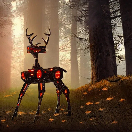 Image similar to a robot deer standing in the woods, digital art, cinematic lighting, epic composition, highly detailed