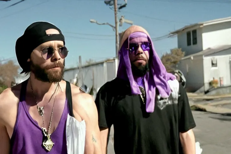 Image similar to medium full shot of jared leto as a white gang member wearing a purple head covering made from a polyester or nylon material and a white tank top outside a trap house in the new movie directed by ice cube, movie still frame, arms covered in gang tattoo, promotional image, critically condemned, top 1 5 worst movie ever imdb list, public condemned, relentlessly detailed