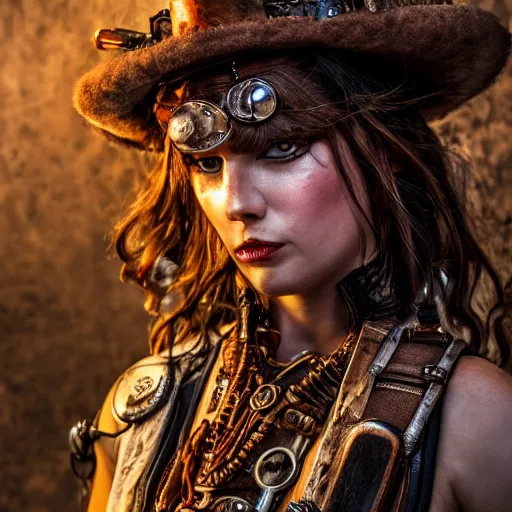 Image similar to long shot photo beautiful steampunk barbarian, highly detailed, 4k, HDR, award-winning photo