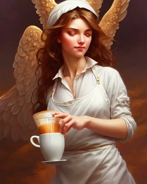 Image similar to a dreamy angelic barista pouring latte art, fantasy character portrait, ultra realistic, intricate, elegant, highly detailed, digital painting, artstation, smooth, sharp, focus, illustration, art by artgerm and greg rutkowski and alphonse mucha