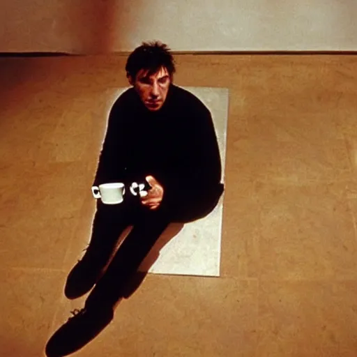 Image similar to a man sitting on the floor with a cup of coffee, an album cover by John Cale, tumblr, neo-figurative, movie still, wiccan, 1990s