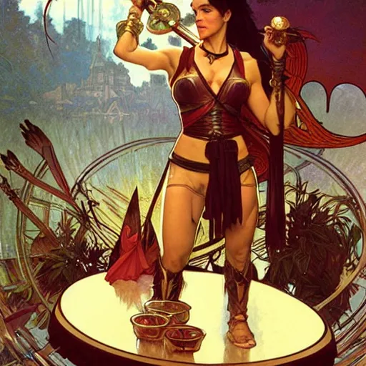 Image similar to xena warrior princess eating at a restaurant art by artgerm and greg rutkowski and alphonse mucha - w 7 6 8