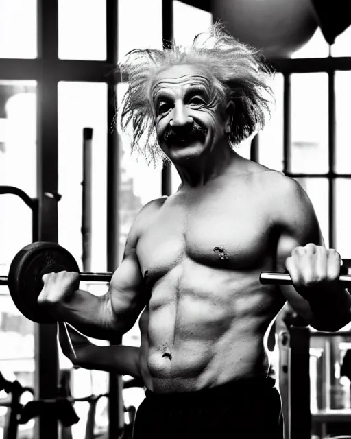 Image similar to a portrait of albert einstein working out at the gym looking buffed up, highly detailed, trending on artstation, bokeh, 9 0 mm, f / 1. 4