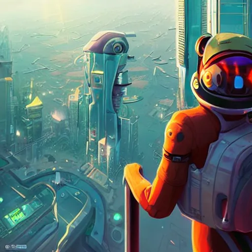 Image similar to frog in spacesuit looking over cyberpunk city, highly detailed, vector art, art by jesper ejsing, by rhads, makoto shinkai and lois van baarle, ilya kuvshinov, rossdraws