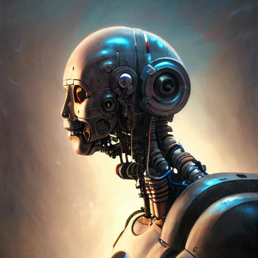 Image similar to a expressive portrait of masked diesel punk robot in dramatic lighting, depth of field background, artstation, award - winning realistic sci - fi concept art by jim burns and greg rutkowski, beksinski, a realism masterpiece, expressive color palette, james gilleard, bruegel, alphonse mucha, and yoshitaka amano