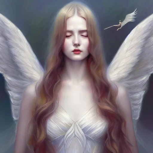 Prompt: Winged girl angel, fantasy, intricate, elegant, highly detailed, digital painting, artstation, concept art, smooth, sharp focus, illustration, art by John Collier and Wenqing Yan and Albert Aublet