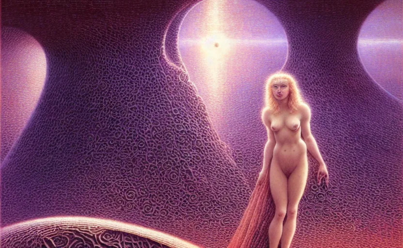 Prompt: cute scarlett johansson on a gigeresque planet by jean delville by luis royo and wayne barlowe, beksinski