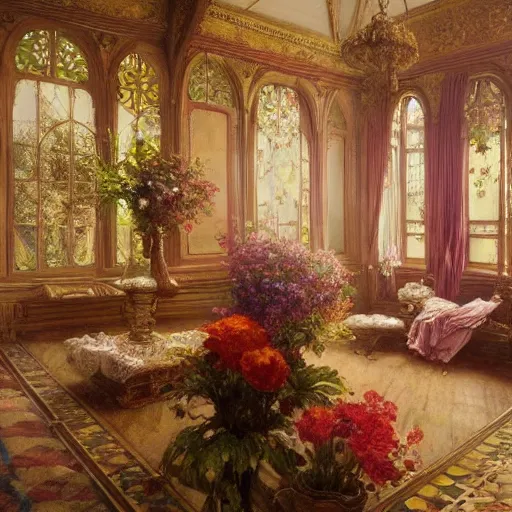 Prompt: a beautifull intricate oil painting of a victorian room with flowers, reflexions, verry high details by william turner art, greg rutkowski and alphonse mucha, trending on artstation, very very detailed, masterpiece, intense colours, wide lens,