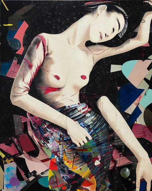 Image similar to decollage painting young japanese actress struggling in a ruined city by adrian ghenie and takato yamamoto and edward hopper and mark ryden and tsutomu nihei, part by bridget riley, acrylic pour and splashing paint, very coherent, baroque elements, perfect anatomy, intricate design. pop art.