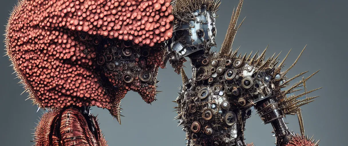 Image similar to hyperrealist highly detailed english medieval portrait of high fashion monster wearing spikey lopsided wired mecha armor, radiating atomic neon corals, veiny network growth with fungal pattern, concept art pascal blanche dramatic studio lighting 8k wide angle shallow depth of field