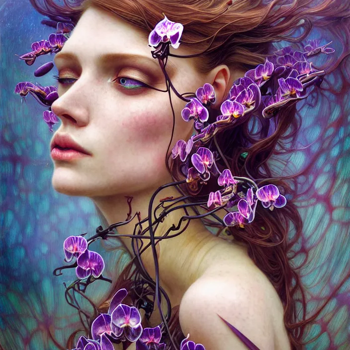 Prompt: psychedelic organic cyborg orchid in heavy wind and rain, diffuse lighting, fantasy, intricate, elegant, highly detailed, lifelike, photorealistic, digital painting, artstation, illustration, concept art, smooth, sharp focus, art by John Collier and Albert Aublet and Krenz Cushart and Artem Demura and Alphonse Mucha