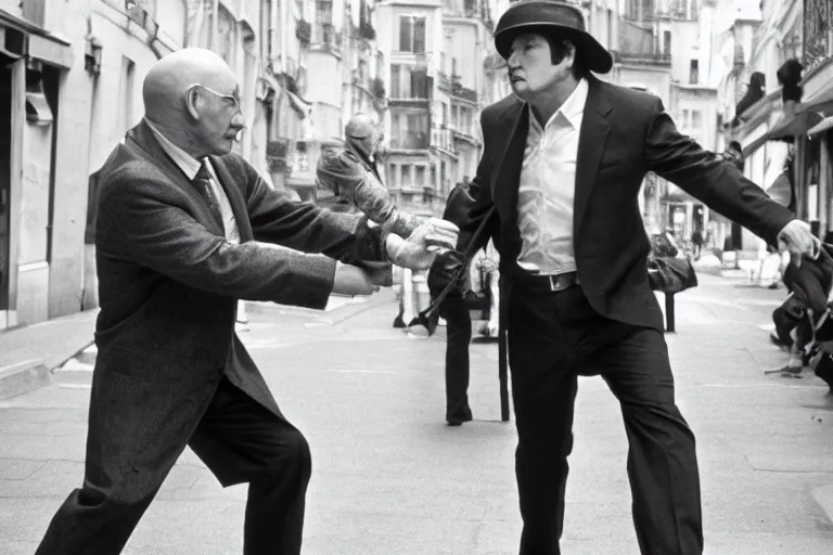 Image similar to owen wilson fighting patrick stewart in rue saint - jacques ( paris ), paul bearer, shot on film