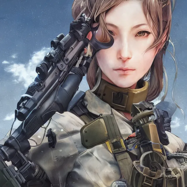 Image similar to the hyperrealistic portrait of lawful neutral female futuristic marine sniper as absurdly beautiful, gorgeous, elegant, young anime gravure idol, an ultrafine hyperdetailed illustration by kim jung gi, irakli nadar, intricate linework, bright colors, octopath traveler, final fantasy, unreal engine 5 highly rendered, global illumination, radiant light, detailed and intricate environment