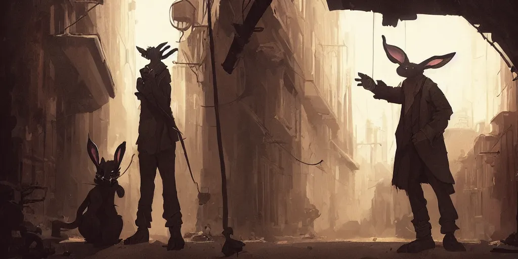 Image similar to a slender rabbit is talking with a big cat in a dark alley, warm color palette, night time, dramatic lighting, noir film, fine details, high contrast, blacksad, kim jung gi, greg rutkowski, trending on artstation, 8 k, ultra wide angle