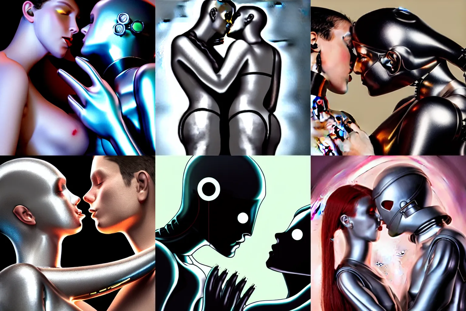 Prompt: polyamorous metallic cyborgs kissing and caressing lovingly