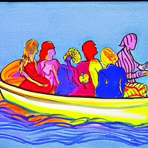 Prompt: neat illuminated manuscript by peter max. the mixed mediart of a group of well - dressed women & children enjoying a leisurely boat ride on a calm day. the women are chatting & laughing while the children play with a toy boat in the foreground.