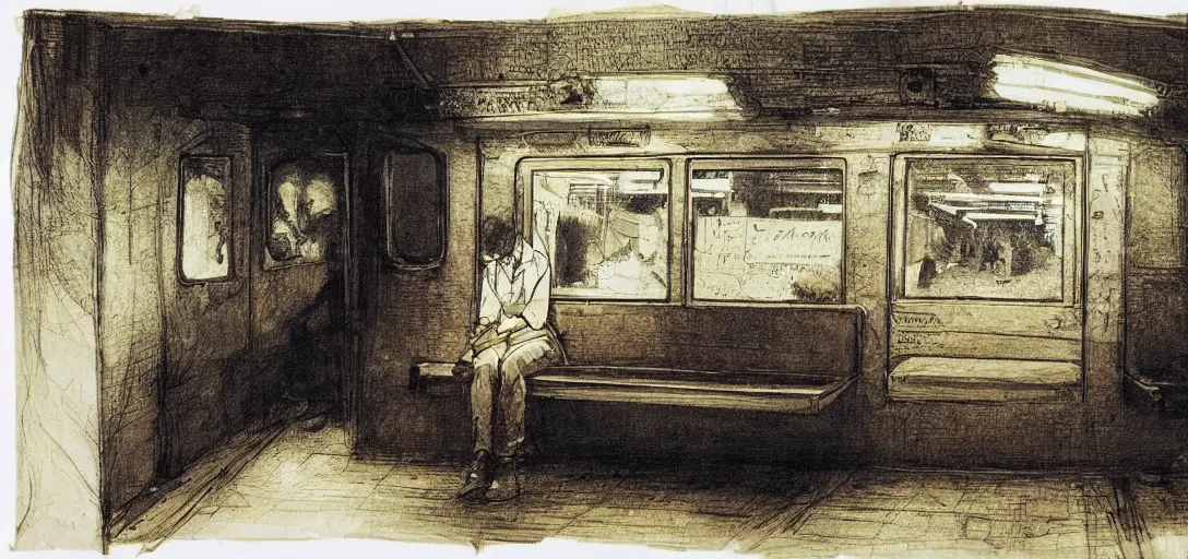 Prompt: an open book on a subway seat with ink bleeding out from the pages, by grimshaw, detailed, concept art